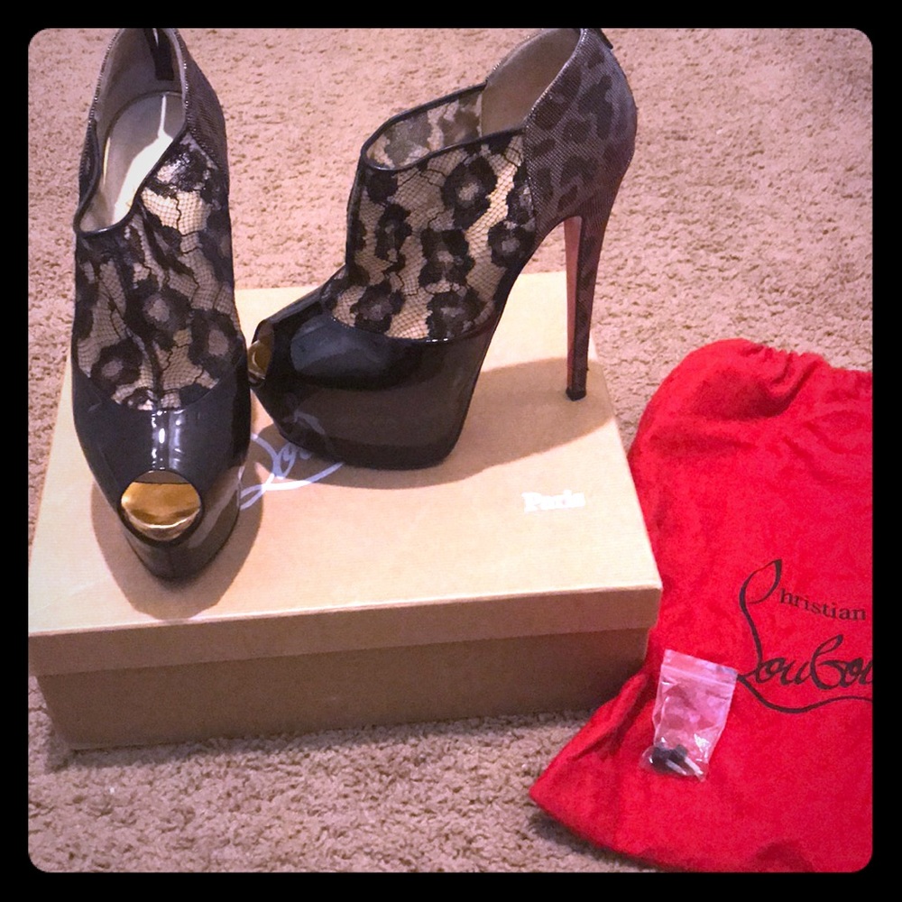 Christian Louboutin: Aeronotoc Patent Leather/Lace Leopard/Lane Booties